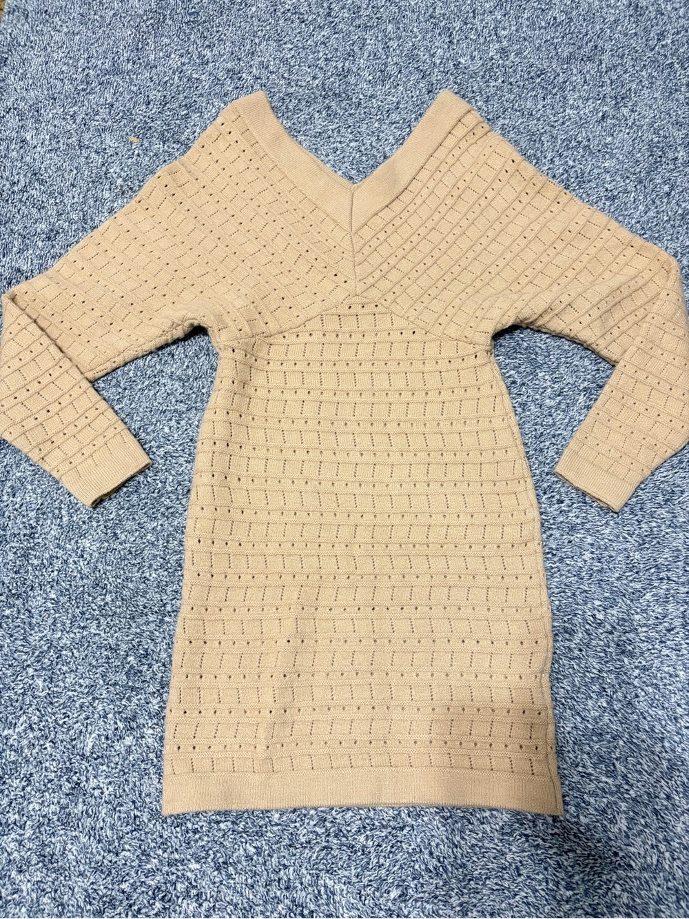 Long Sleeve V-Neck Knit Dress in Beige - Picture 2 of 9